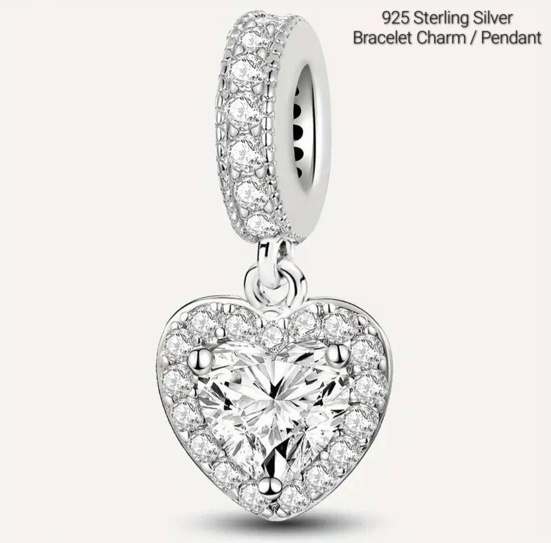 Charms 925 Silver White Zirconia Heart Charm/Pendant