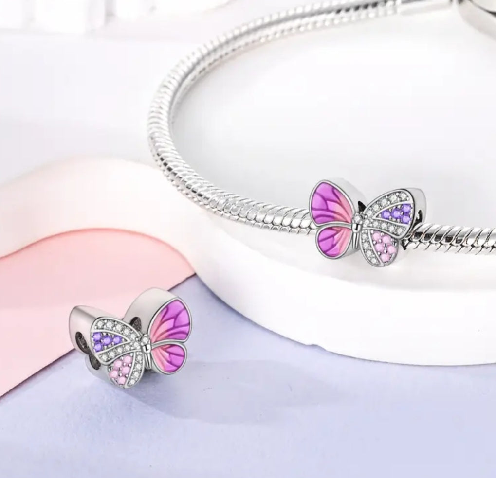 Charms 925 Silver Pink Marble and White Zirconia's Butterfly