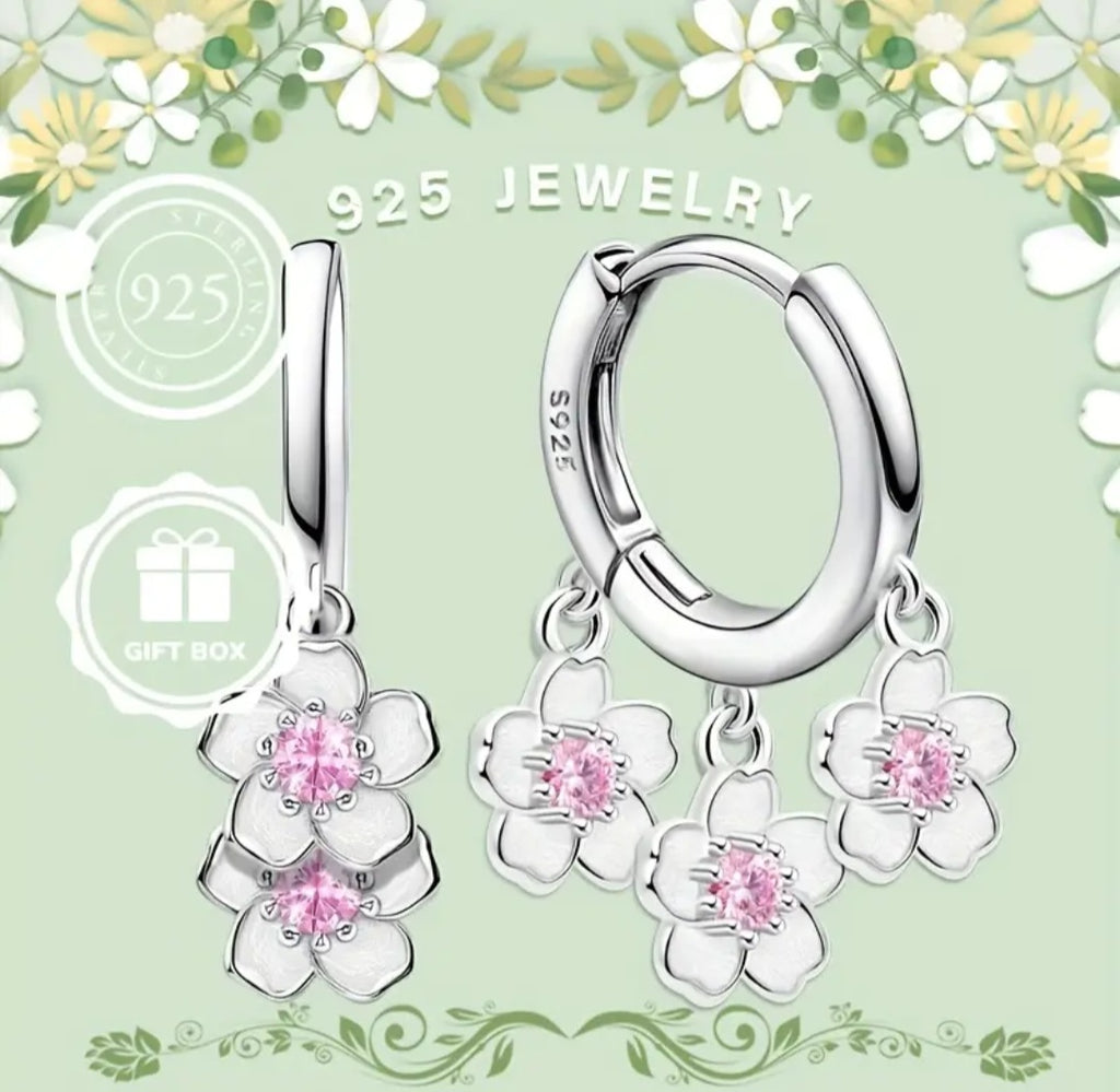 Earrings 925 Sterling Silver Pink Zirconia's Blossoms