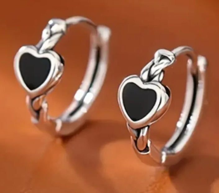 Earrings 925 Silver Black Opal Heart Huggies