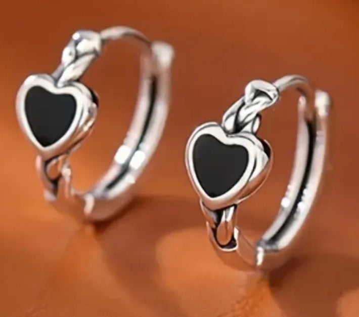 Earrings Necklace sets 925 Sterling Silver with Black Opal Hearts