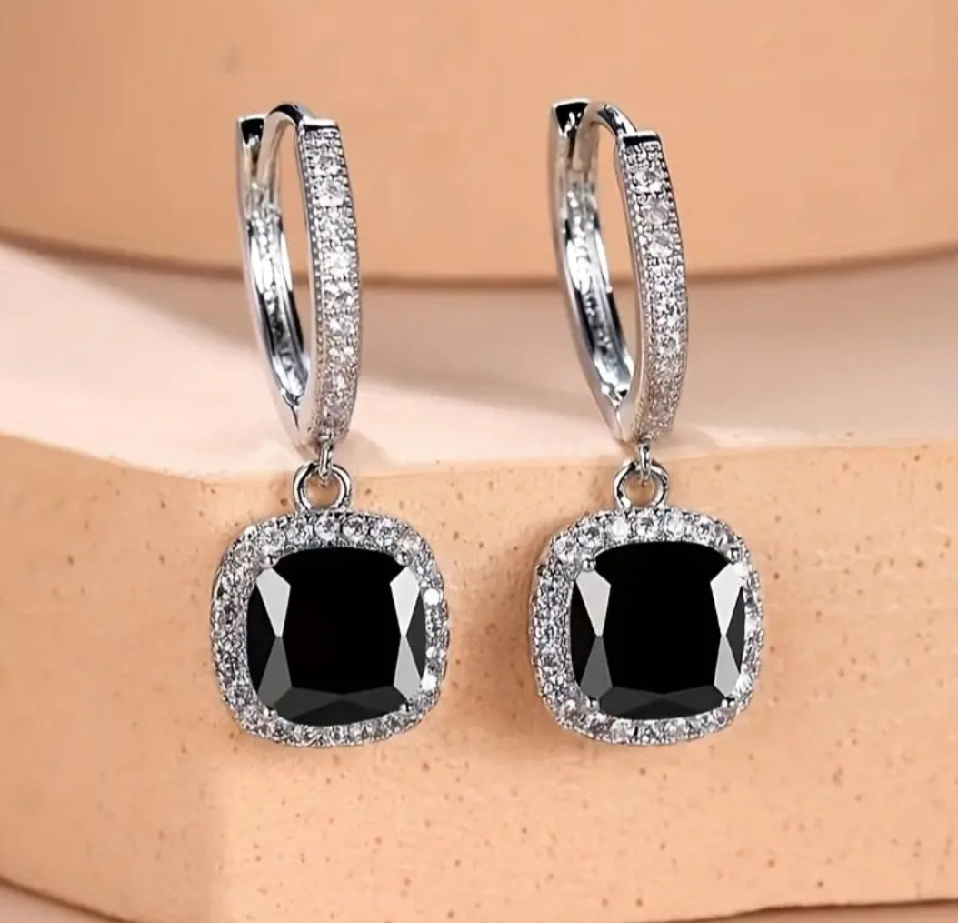 Earrings 925 Sterling Silver Square Hanging Black Zirconia Small Hoop