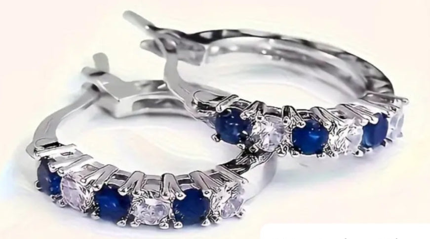Earrings Blue and White Zirconia Hoops/Huggies 925 Silver