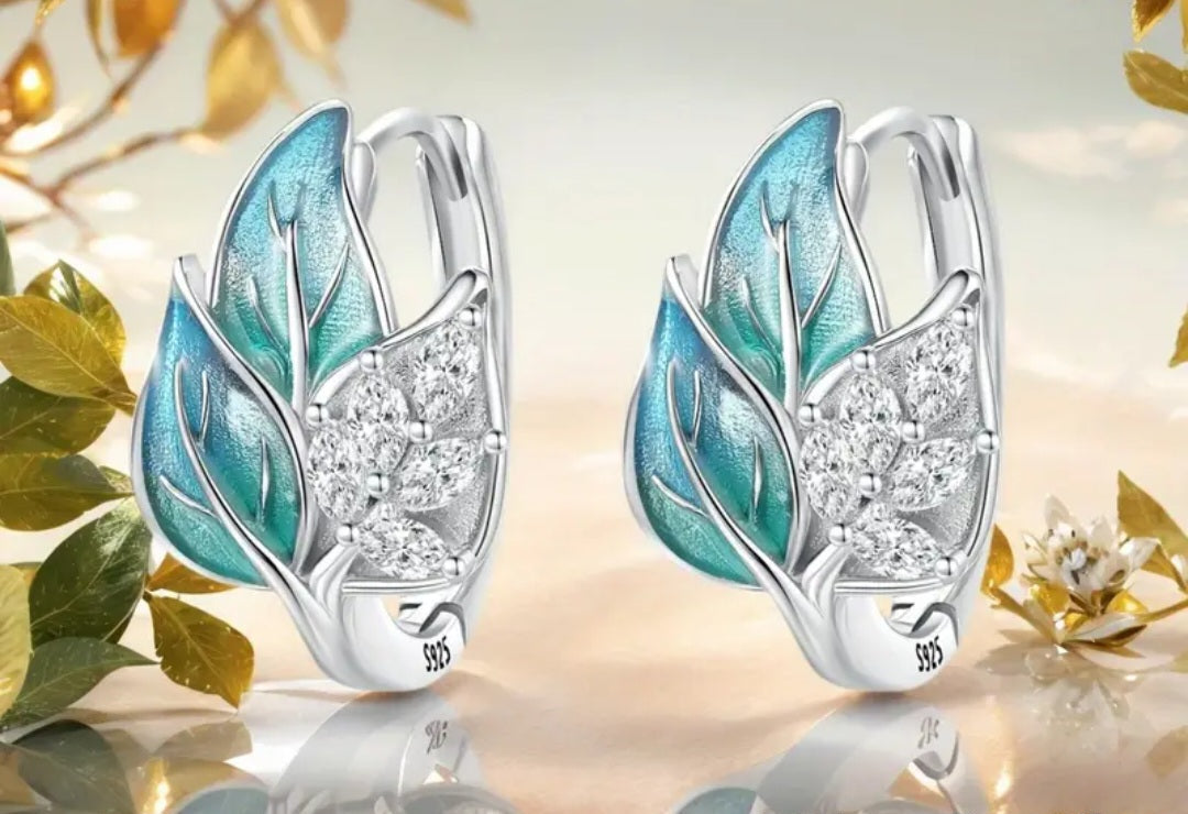 Earrings 925 Sterling Silver Sea Blue Marble and Zirconia's