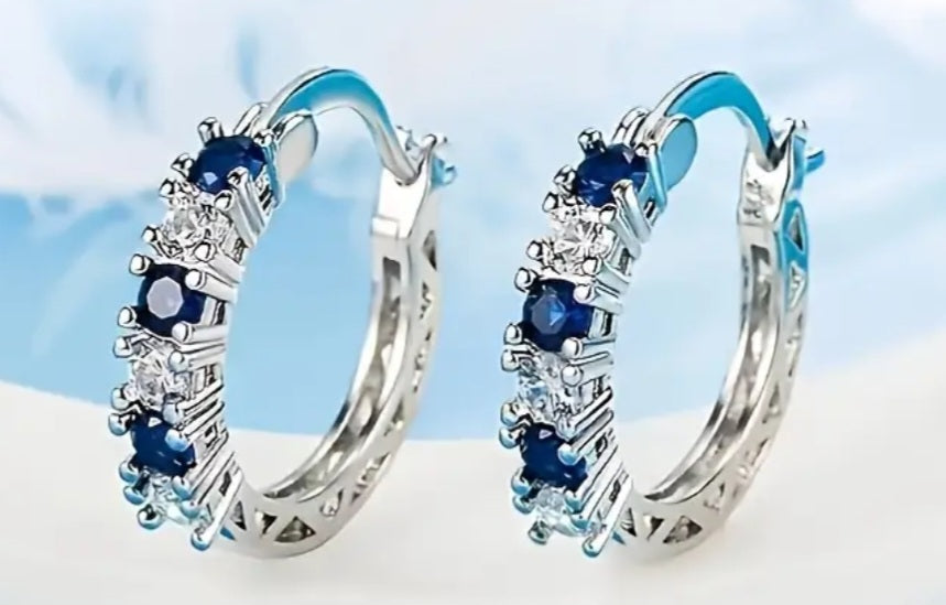 Earrings Blue and White Zirconia Hoops/Huggies 925 Silver