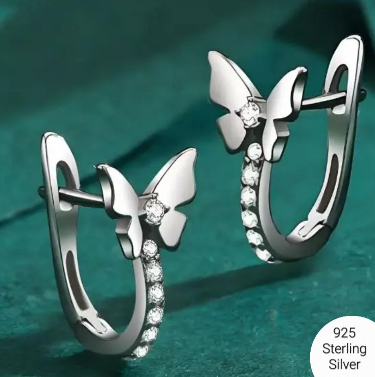 Earrings 925 Silver Small Butterfly and Zirconias In Clip Hoops