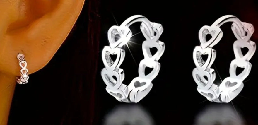 Earrings 925 Sterling Silver Small Hearts Inlaid Huggies