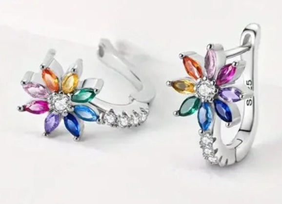 Earrings 925 Silver Clip in Hoop Huggie Multicolor Flower Petal Zirconia's