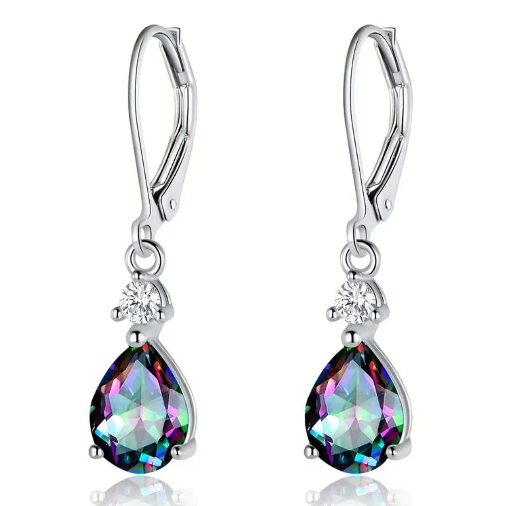 Earrings Real Titanium Dangling Huggie Hoop Rain Drop Multicolor Rainbow Shine