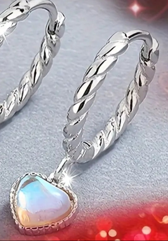 Earrings 925 Silver Pink Purple Opal Heart Dangling Hoop Small