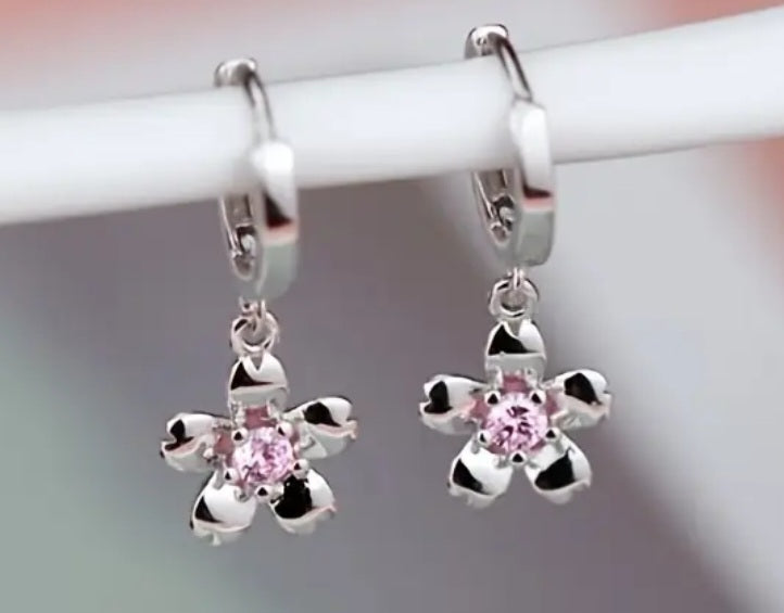 Earrings 925 Silver Cherry Blossoms with Pink Zirconia Huggies Dangling's