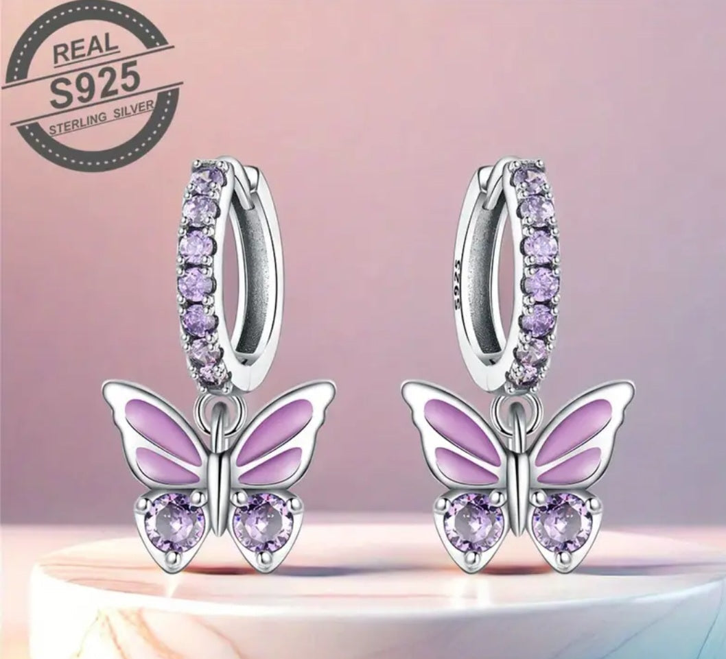 Earrings 925 Sterling Silver Butterflies with Purple Amethyst Zirconia's and Marble