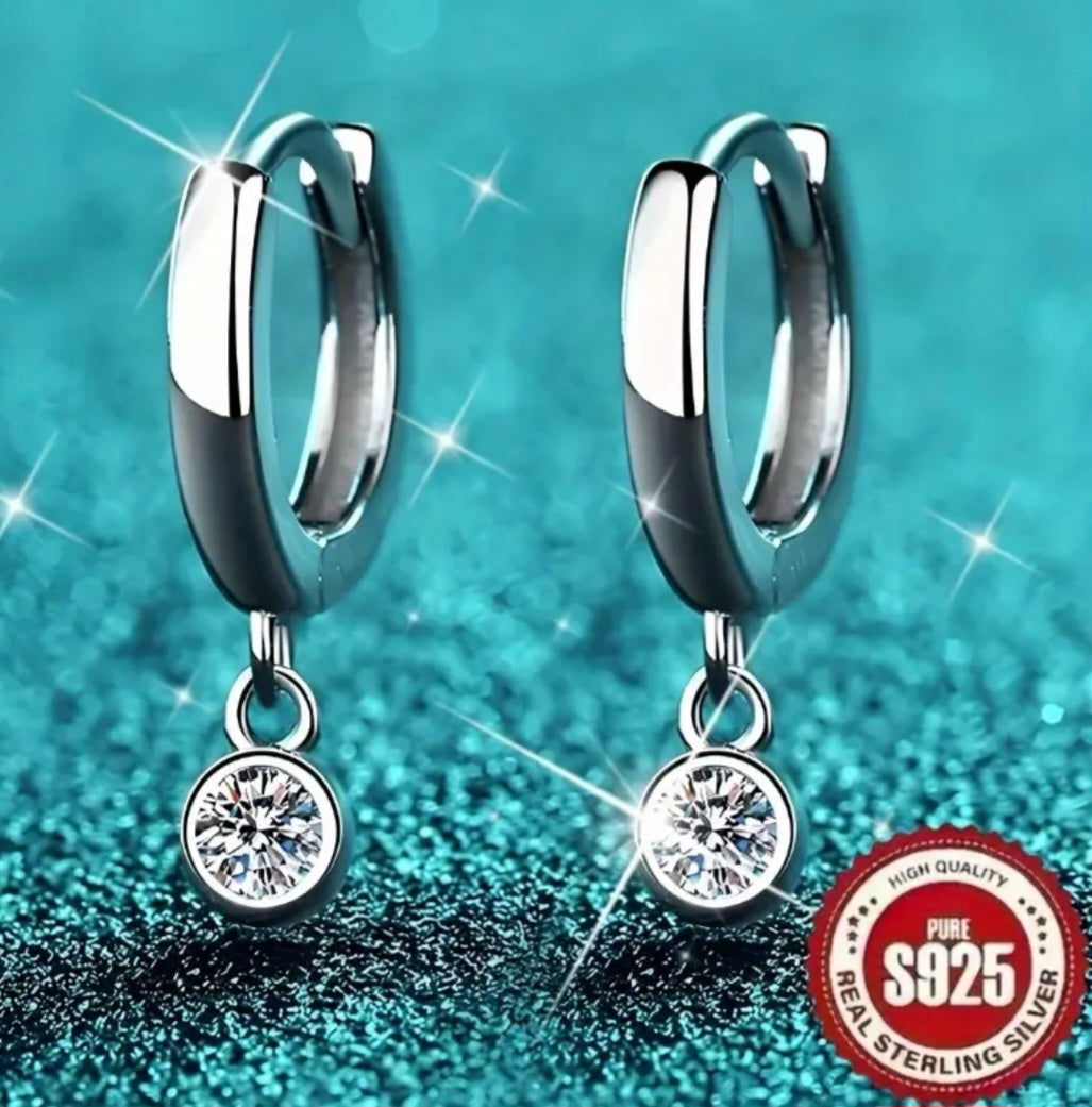 Earrings 925 Silver Dangling Zirconia Round Huggie Hoops