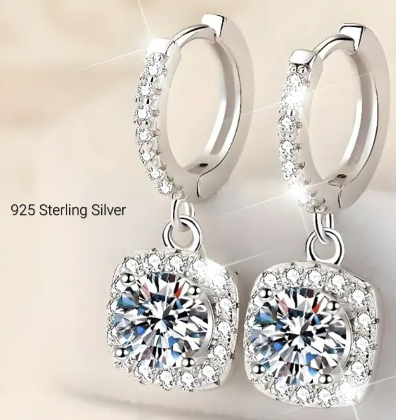 Earrings 925 Sterling Silver Square Zirconia Dangling Huggies