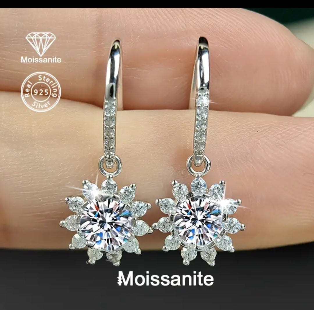 Earrings 925 Sterling Silver Moissanite Star Flower Dangling Huggies