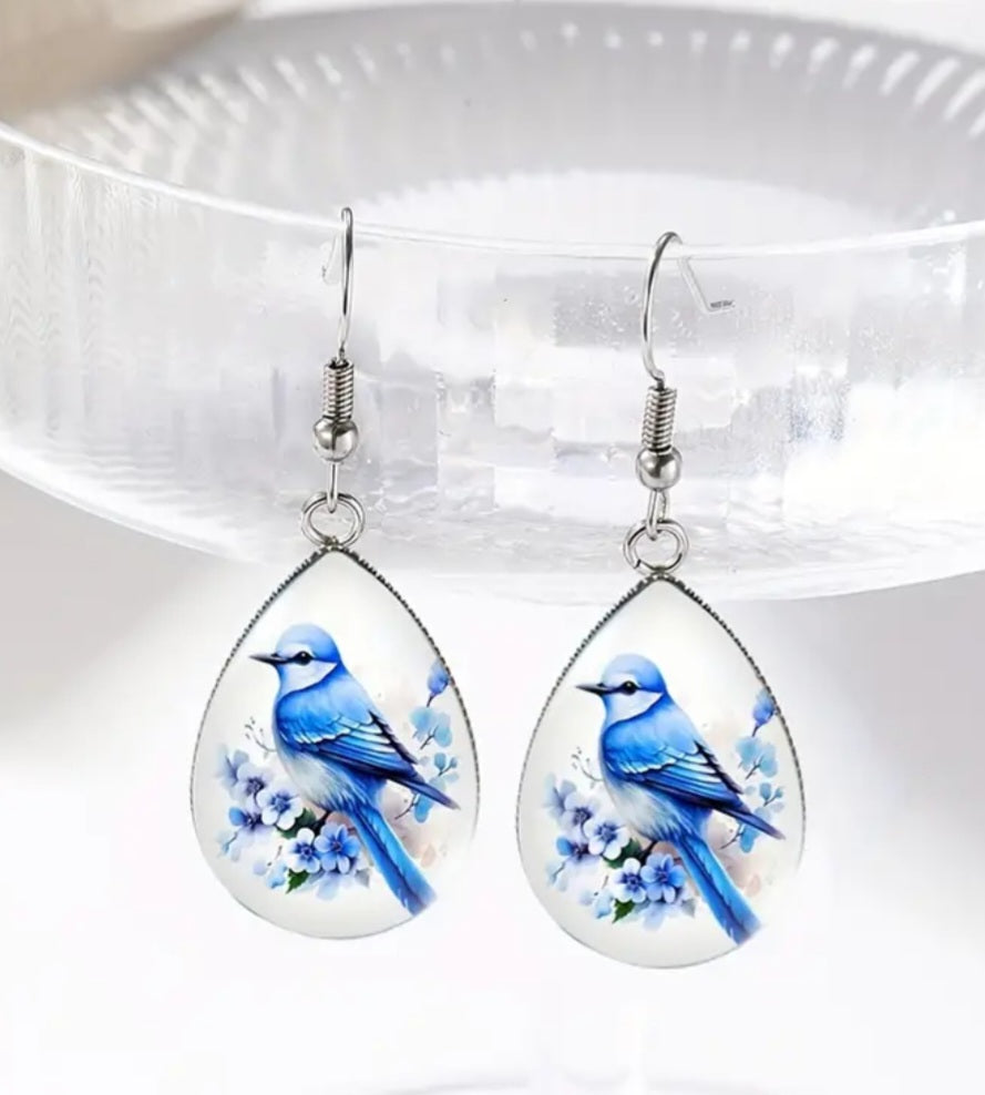 Earrings Beautiful Titanium Blue Bird Small Dangling Drops with Glossy Finnish