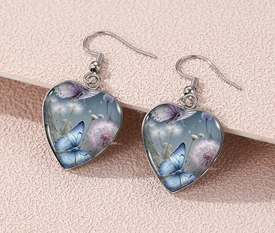 Earrings Titanium Light Blue/Grey Butterfly Flower Dangling small Hearts with Glossy Finish