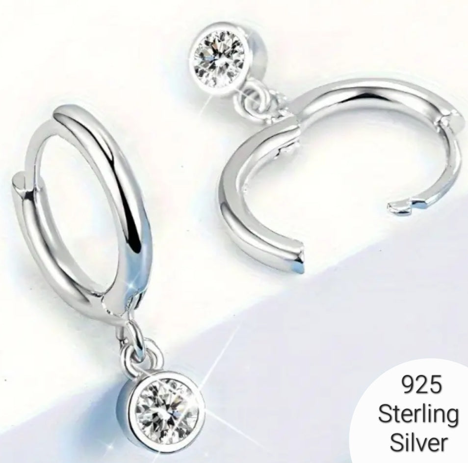 Earrings 925 Silver Dangling Zirconia Round Huggie Hoops