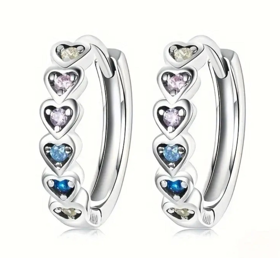Earrings 925 Silver Soft Multicolor Hearts Huggies