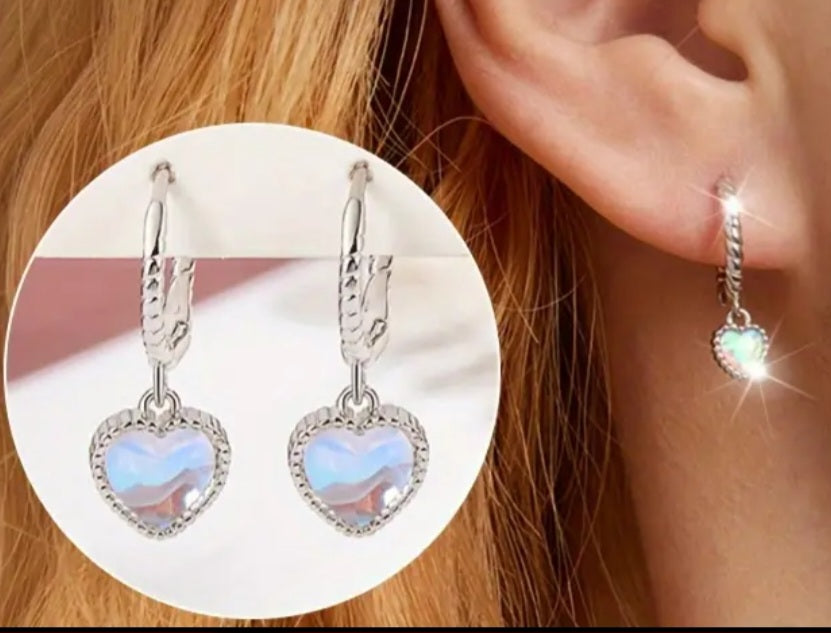Earrings 925 Silver Pink Purple Opal Heart Dangling Hoop Small