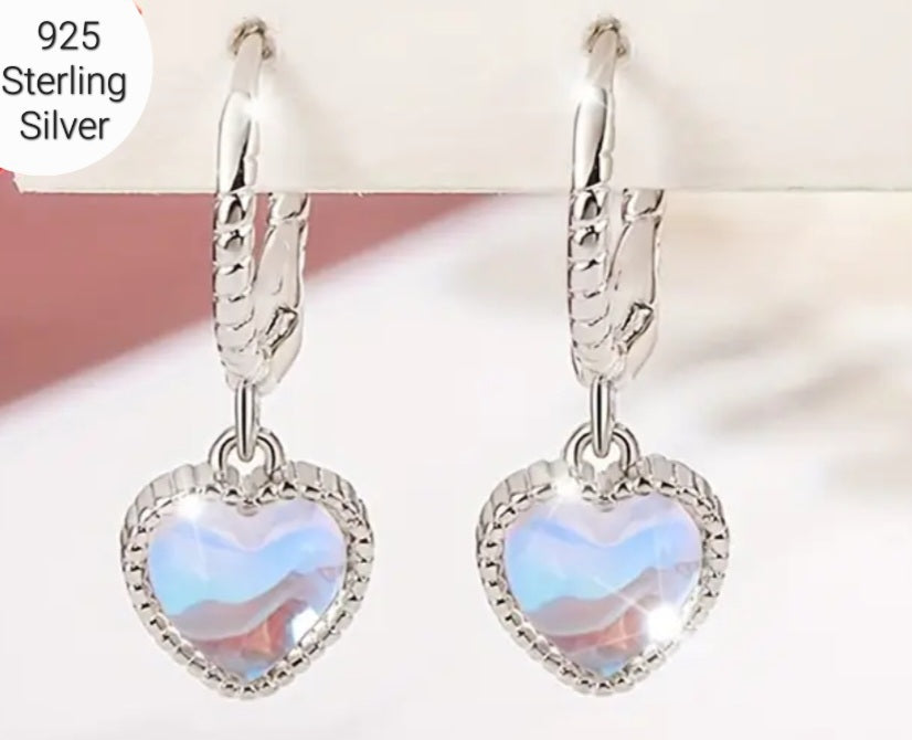 Earrings 925 Silver Pink Purple Opal Heart Dangling Hoop Small