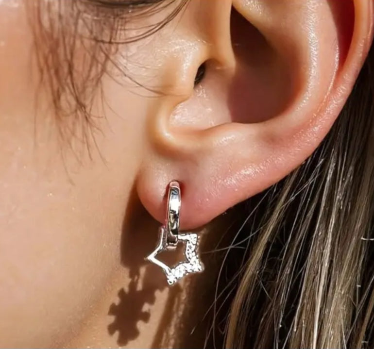 Earrings 925 Silver Sparkle Star Dangling Huggies