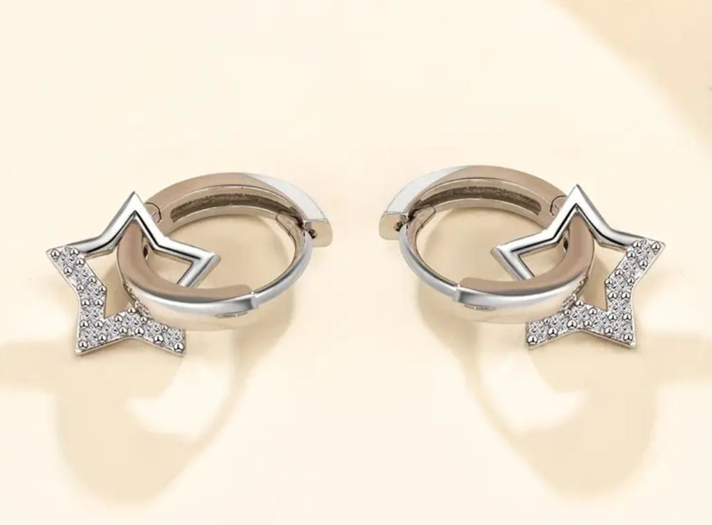 Earrings 925 Silver Sparkle Star Dangling Huggies