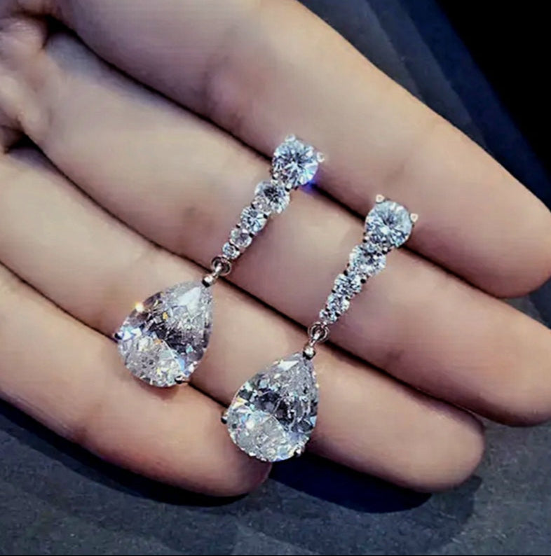 Earrings 925 Silver Dangling Moissanite Drop and Zirconia Detail