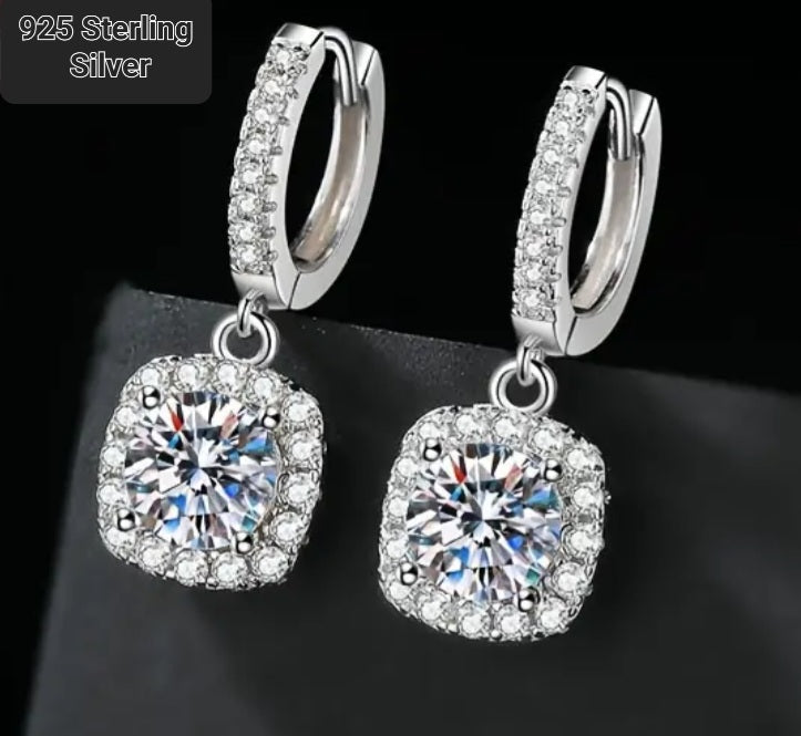 Earrings 925 Sterling Silver Square Zirconia Dangling Huggies