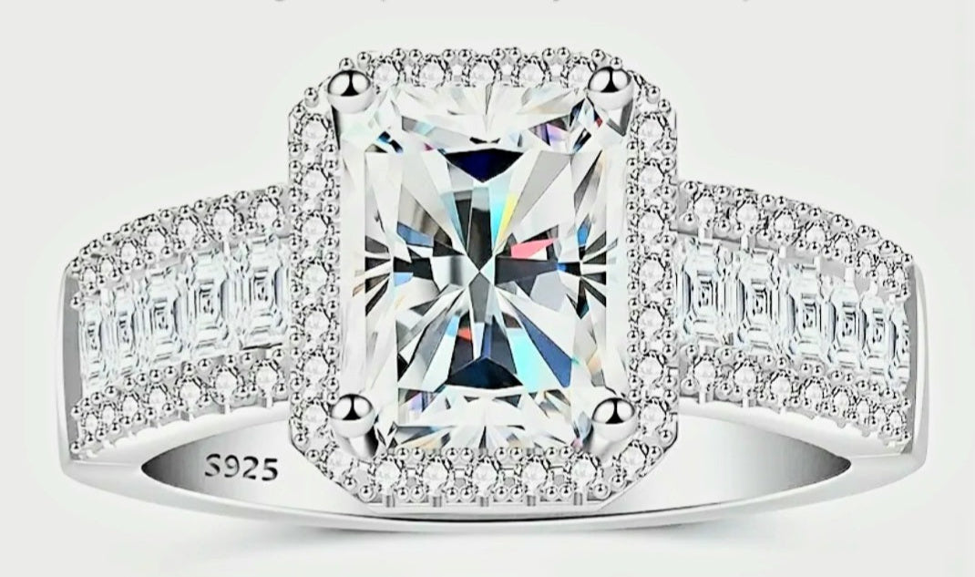Rings 925 Sterling Silver Rectangle Moissanites Stone and Zirconia's setting