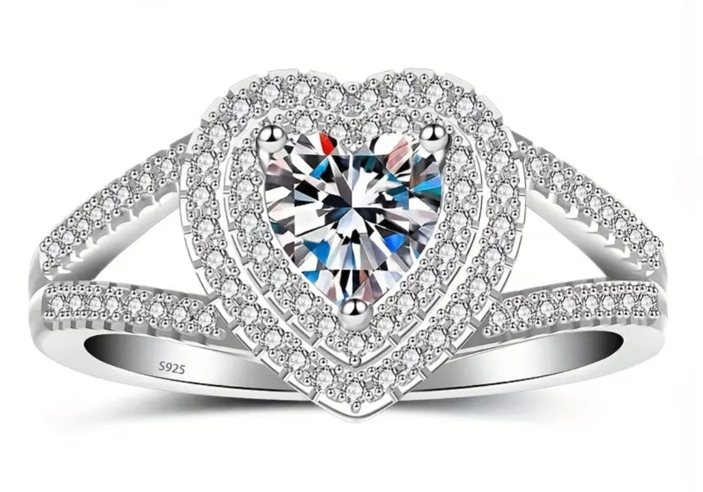 Rings 925 Sterling Silver Heart Shape Moissanite Ring (8 O/P) with Adjuster to size 7