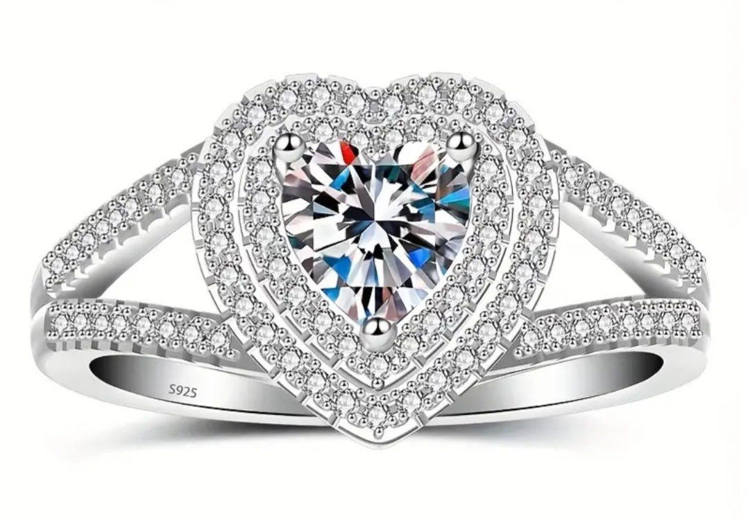 Rings 925 Sterling Silver Heart Shape Moissanite Ring (8 O/P) with Adjuster to size 7