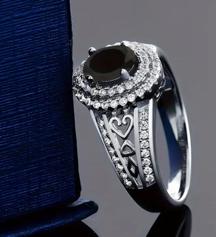 Rings 925 Sterling Silver Black Onyx Zirconia Ring (7 and 8) N and O/P