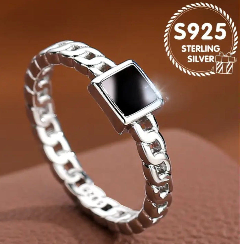 Rings 925 Silver Small Cut Square Black Onyx