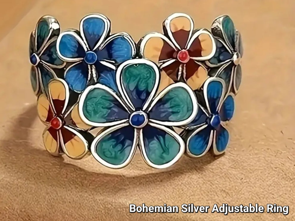 Rings Bohemian Marble Adjustable 925 Silver Flower Ring