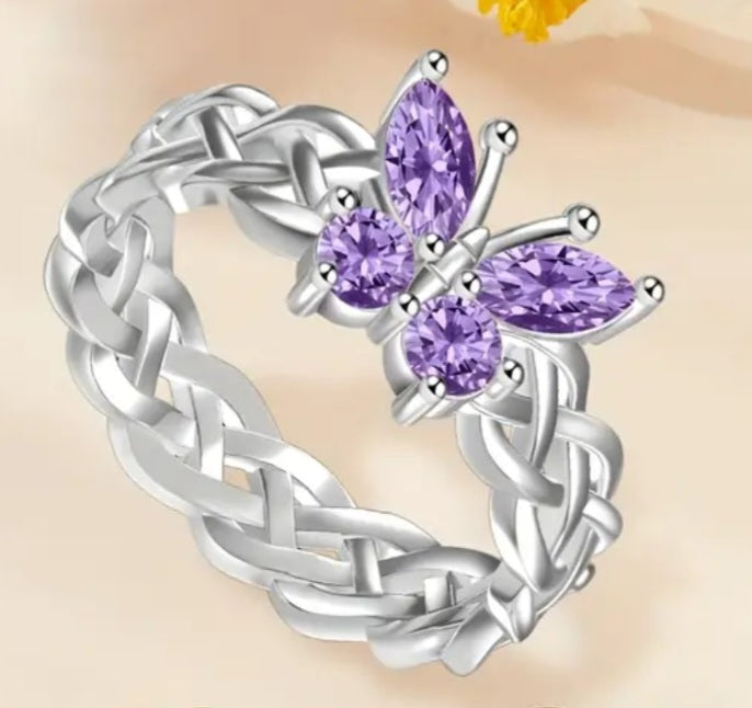 Rings 925 Sterling Silver Purple Amethyst Zirconia Butterfly Ring