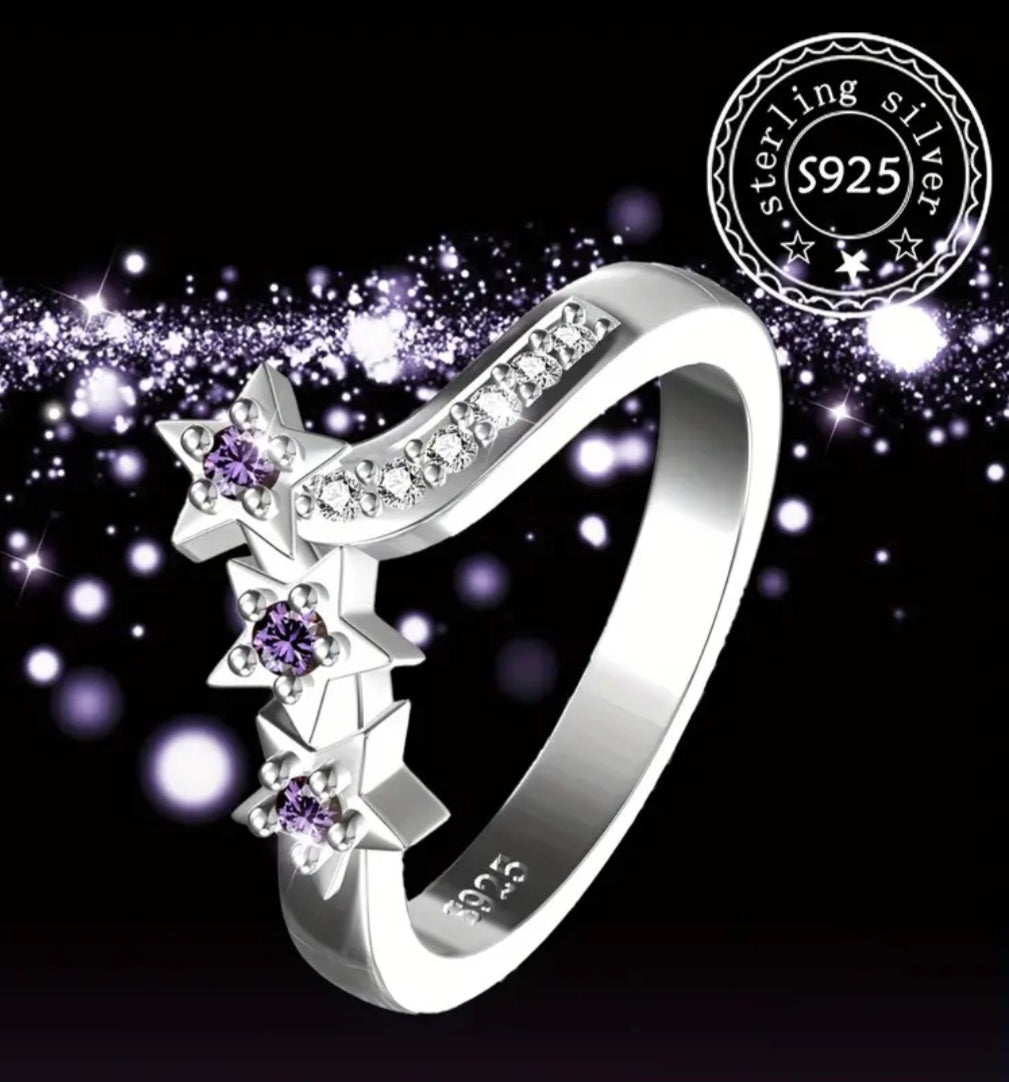 Rings 925 Sterling Silver Purple and White Star Wish bone Ring (8 O/P) Adjustable