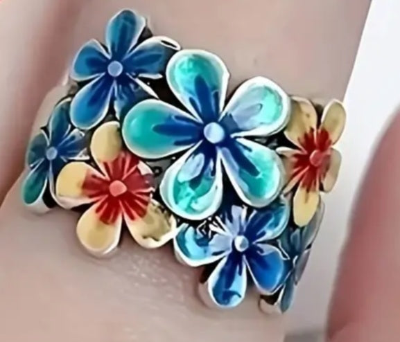 Rings Bohemian Marble Adjustable 925 Silver Flower Ring
