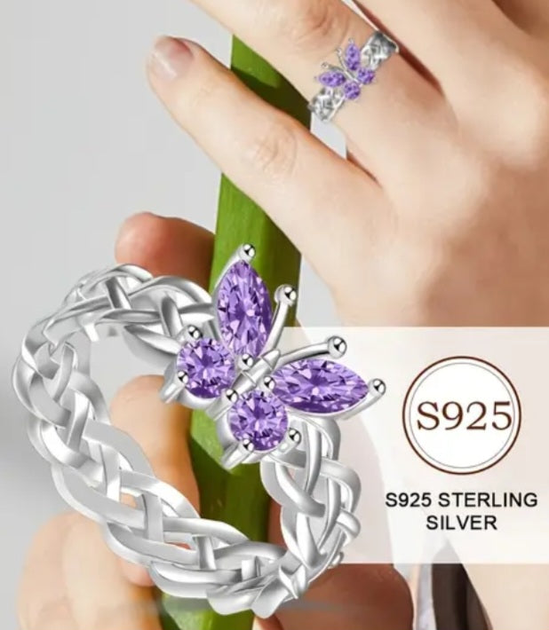 Rings 925 Sterling Silver Purple Amethyst Zirconia Butterfly Ring