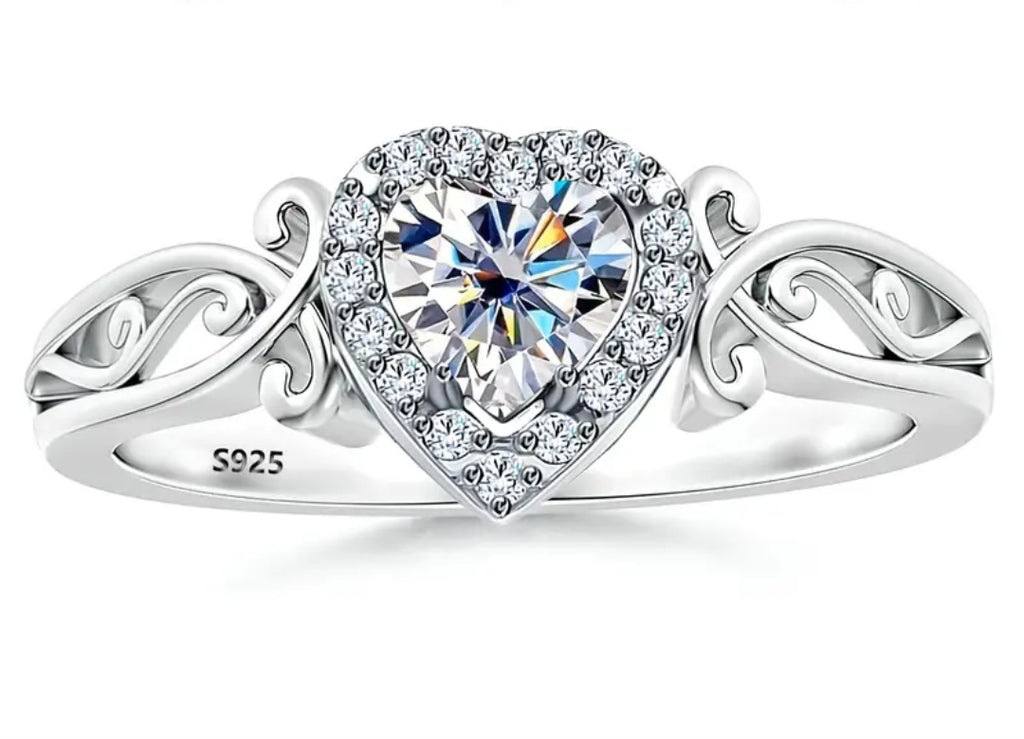 Rings 925 Sterling Silver Filligree Heart Shape Zirconia (7 M/N and 8 O/P)