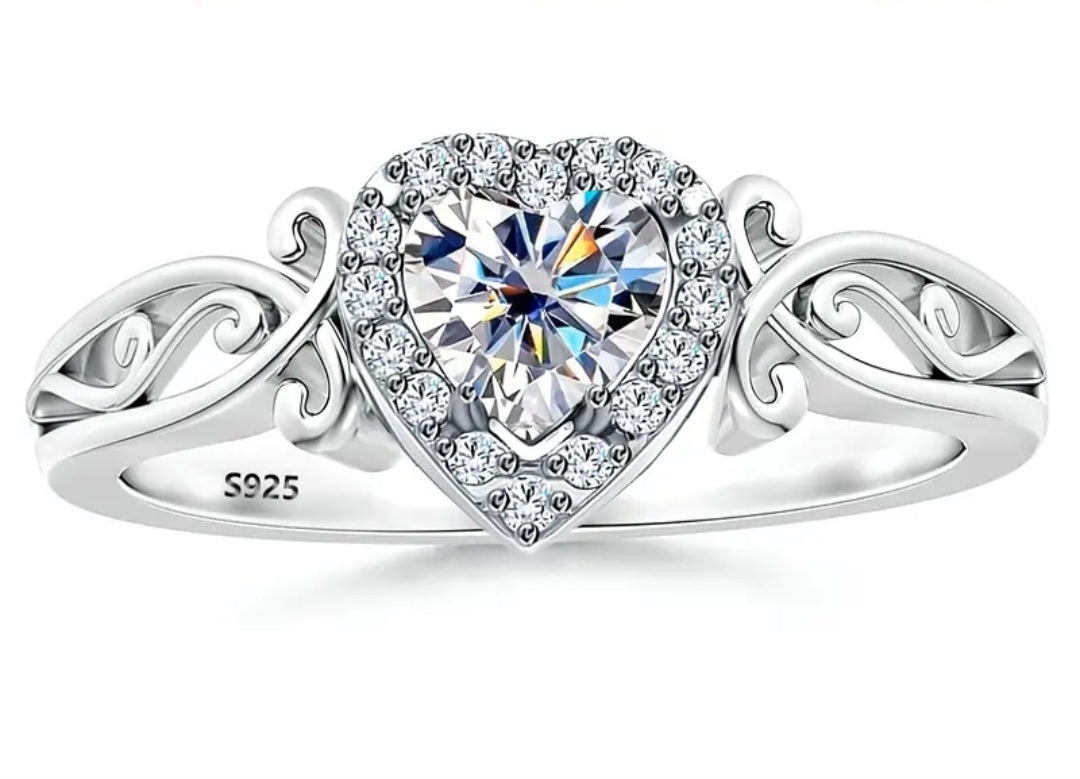 Rings 925 Sterling Silver Filligree Heart Shape Zirconia (7 M/N and 8 O/P)