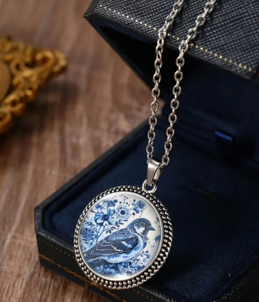 Necklace Real Titanium Beautiful Victorian Style Blue Bird with Glossy Finish - Adjustable