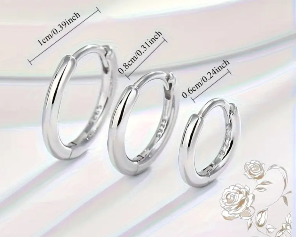 Earrings 925 Silver 3 Sets Huggie Hoops in different sizes (one set available)