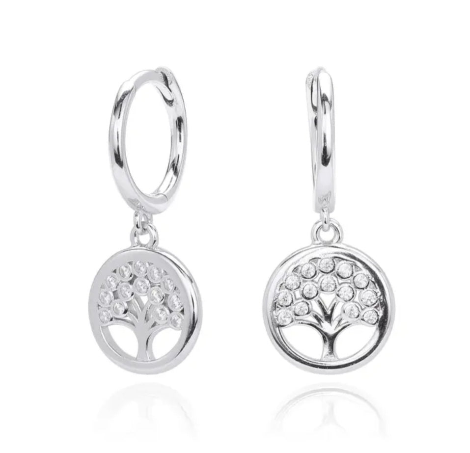 Earrings 925 Sterling Silver Small Tree of Life Sparkly Zirconia Huggies (one set left)