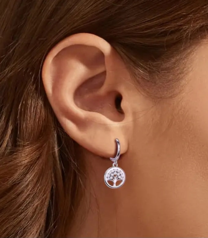 Earrings 925 Sterling Silver Small Tree of Life Sparkly Zirconia Huggies (one set left)