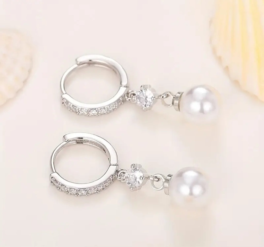 Earrings Real Titanium Pearly and Zirconia Dangling Small Hoop/Huggie