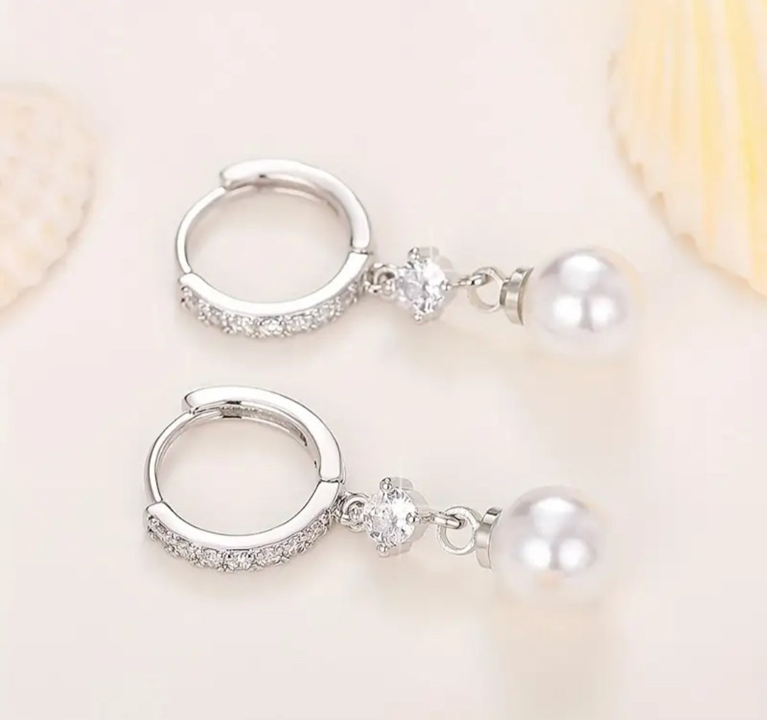 Earrings Real Titanium Pearly and Zirconia Dangling Small Hoop/Huggie