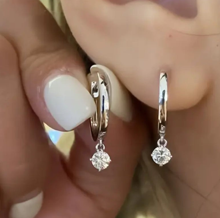 Earrings 925 Silver Dangling Zirconia Round Huggie Hoops