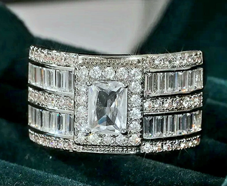 Rings Real Titanium No Tarnish Rectangle Stones with Small Zirconia Stones