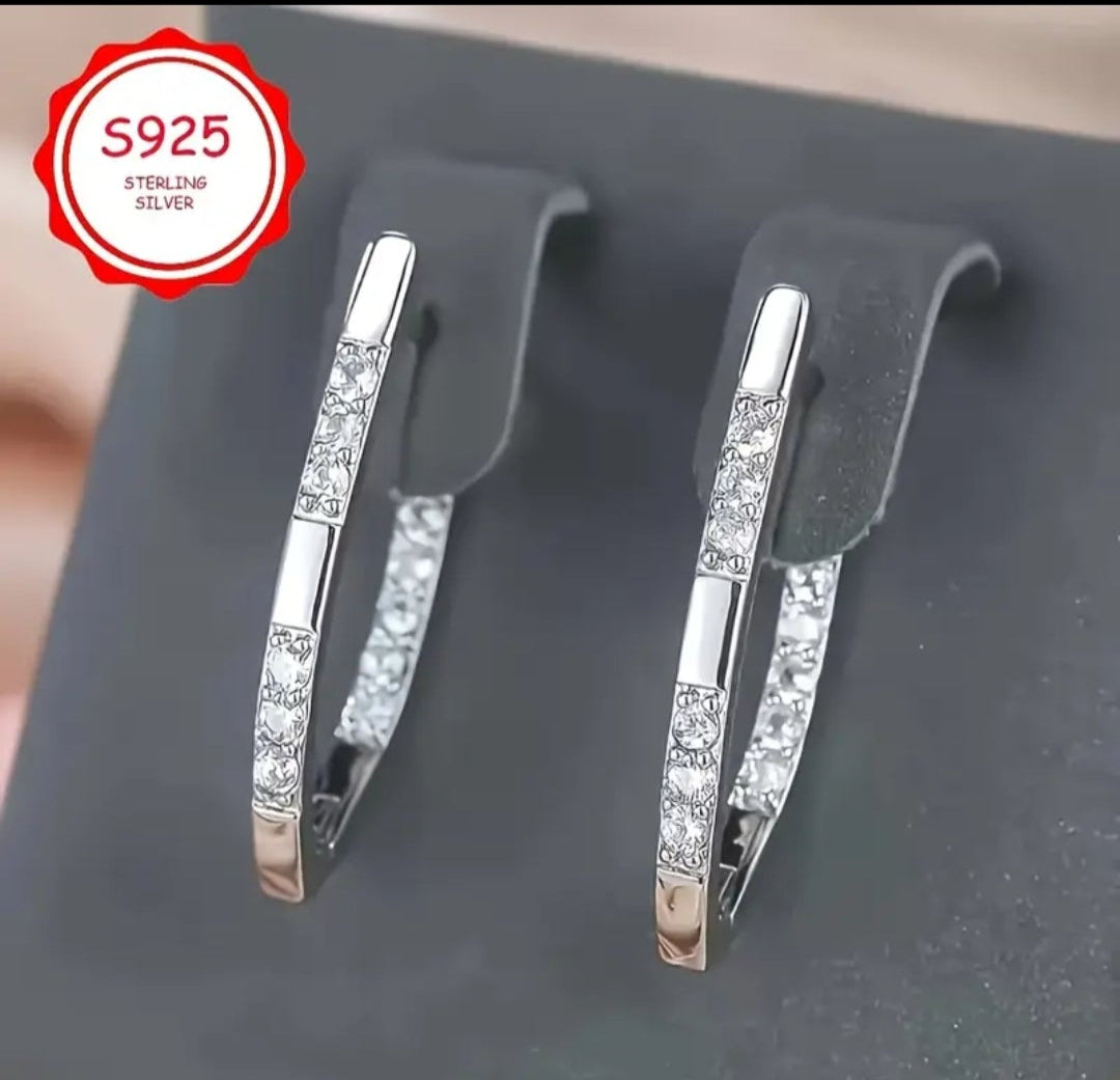 Earrings Silver Dangling V Shape Zirconia Detailed Hoop Clip